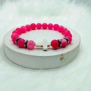 Bubble Gum Pink Beaded W/ White Cross Bracelet